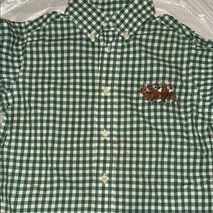 Green and White Gingham Button-Down Shirt with Embroidered Polo Motif